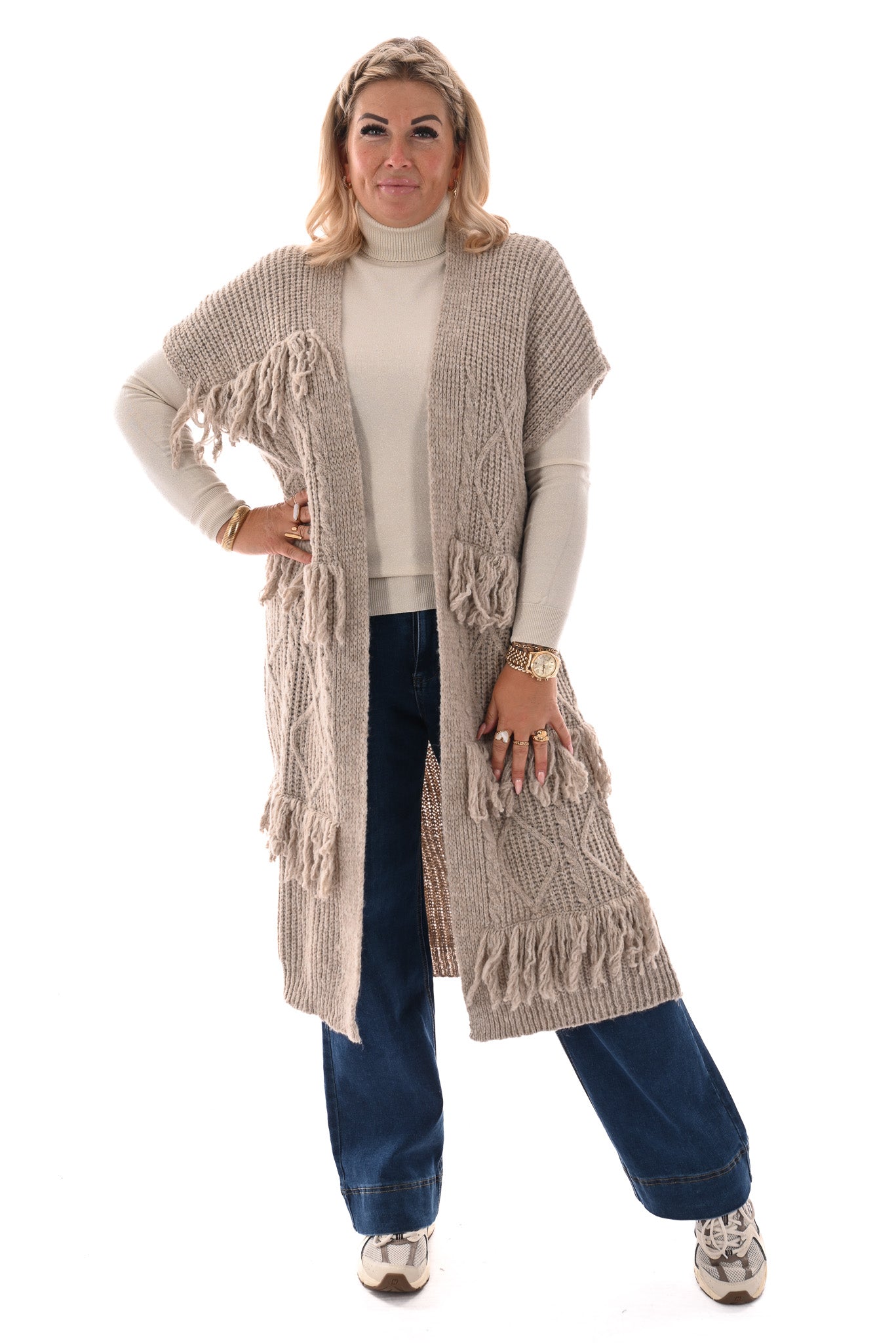 Vest korte mouwen met franjes taupe