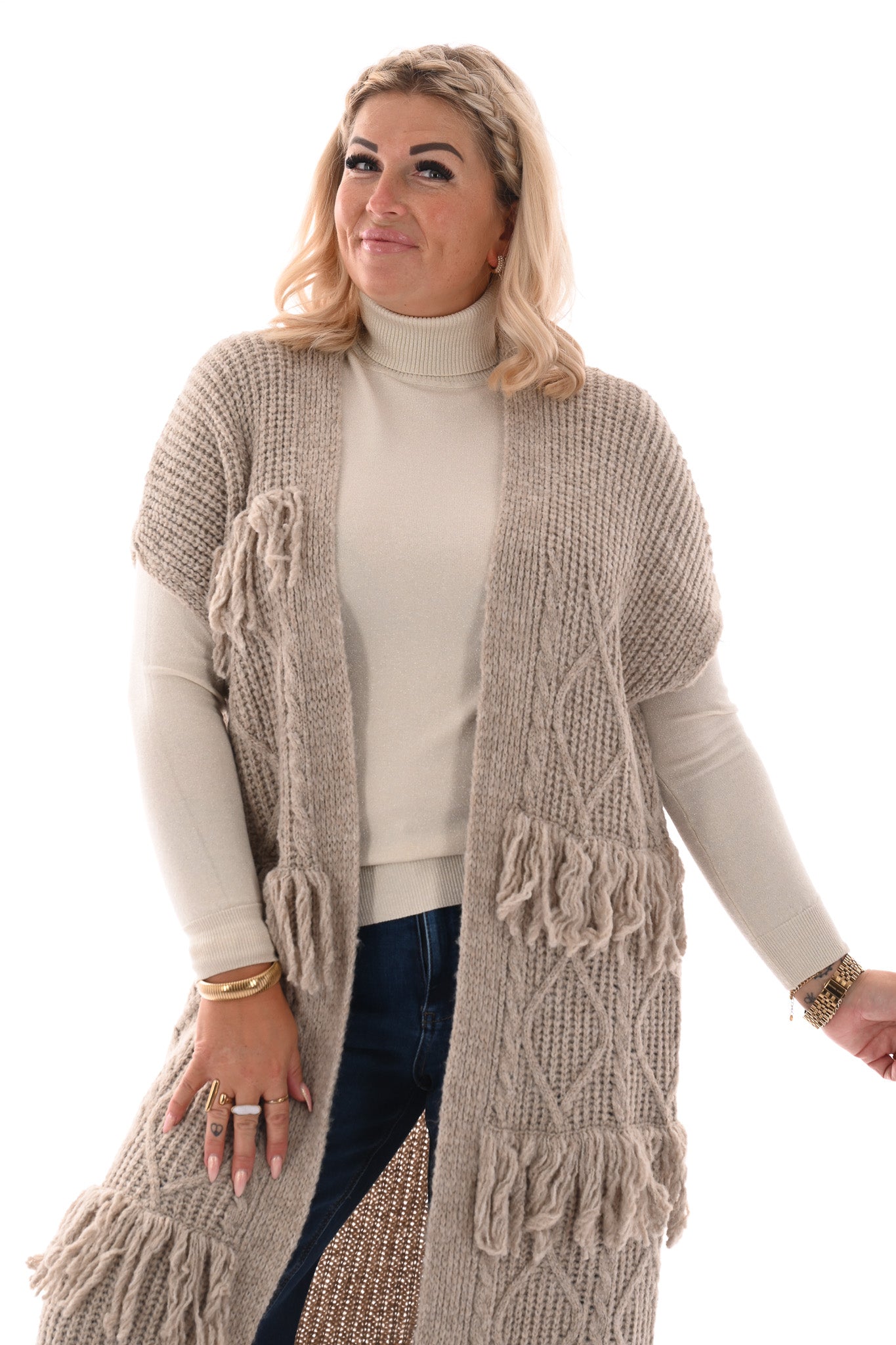 Vest korte mouwen met franjes taupe