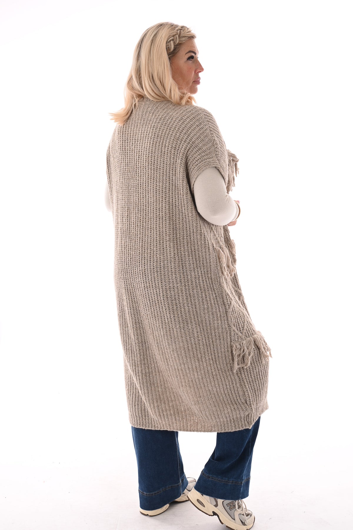 Vest korte mouwen met franjes taupe