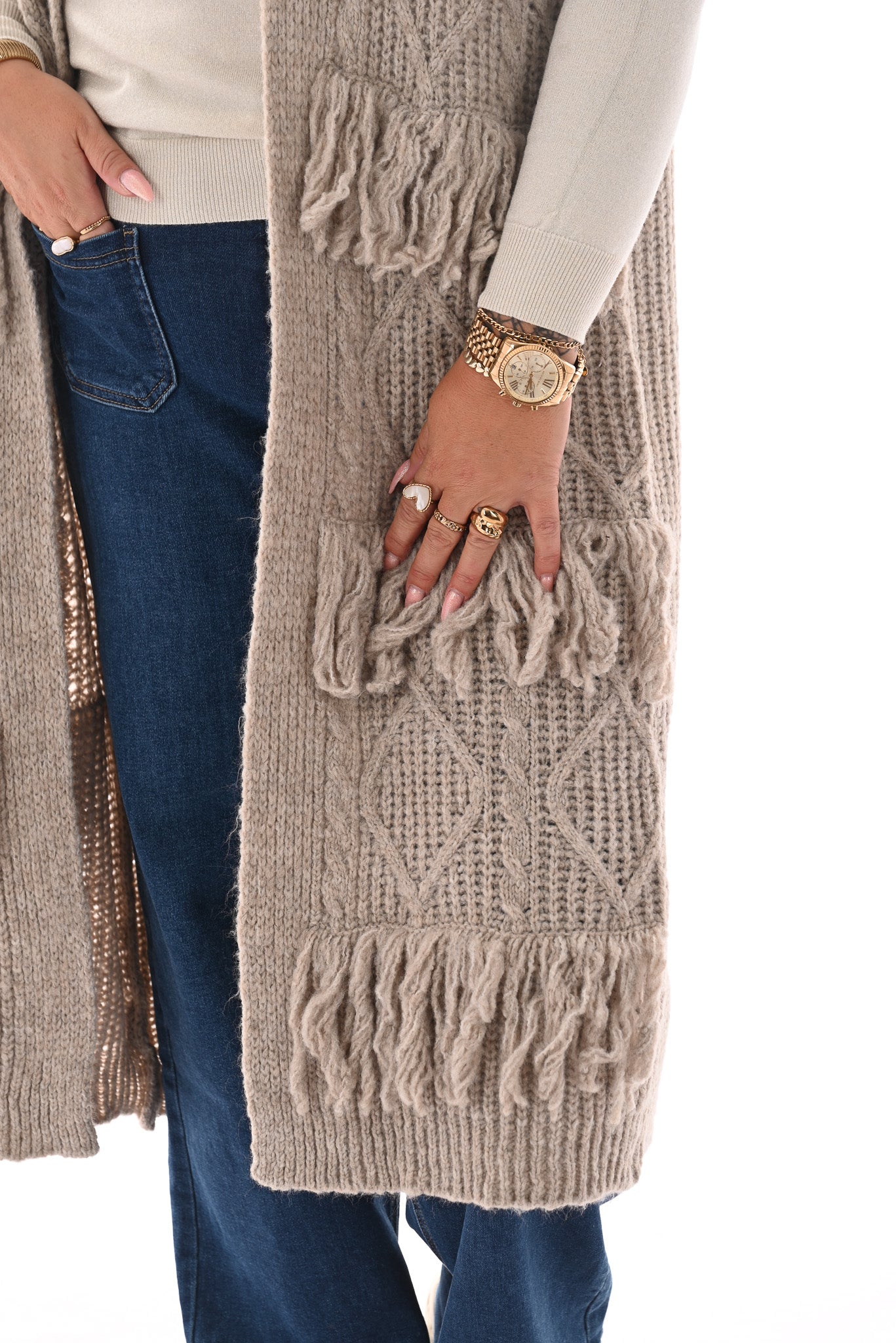 Vest korte mouwen met franjes taupe