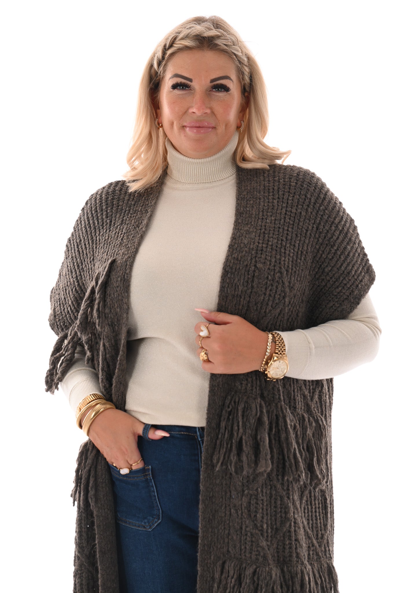 Vest korte mouwen met franjes bruin