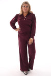 Tweedelig travel pak top v-hals met kraag aubergine