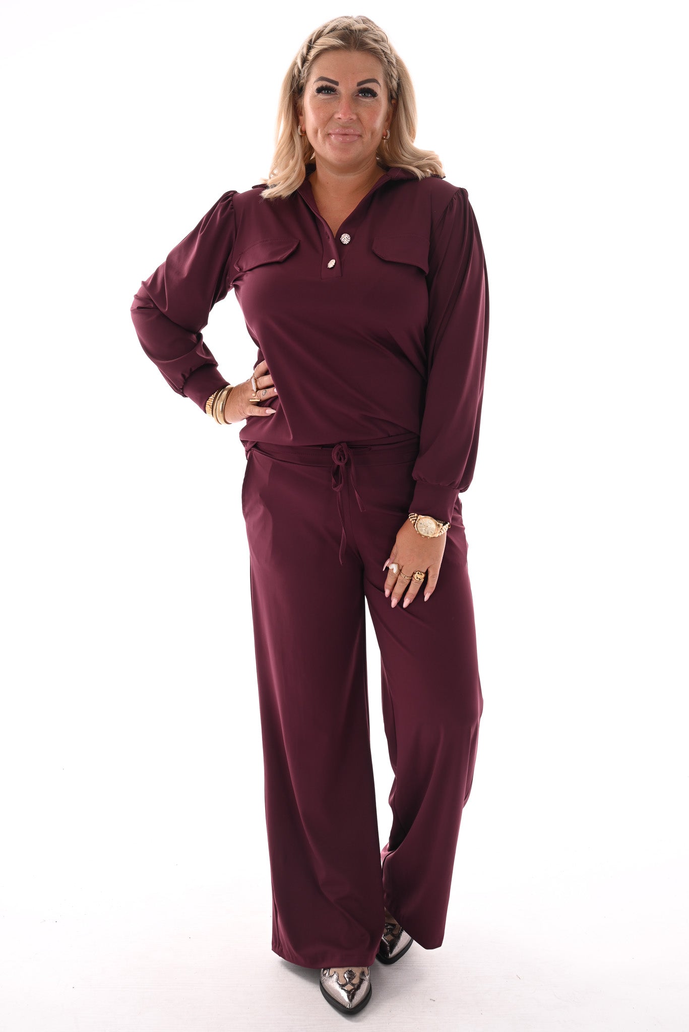 Tweedelig travel pak top v-hals met kraag aubergine