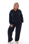 Tweedelig pak v-hals met gouden bies marineblauw