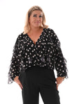 Doorknoop blouse ruffels dots zwart