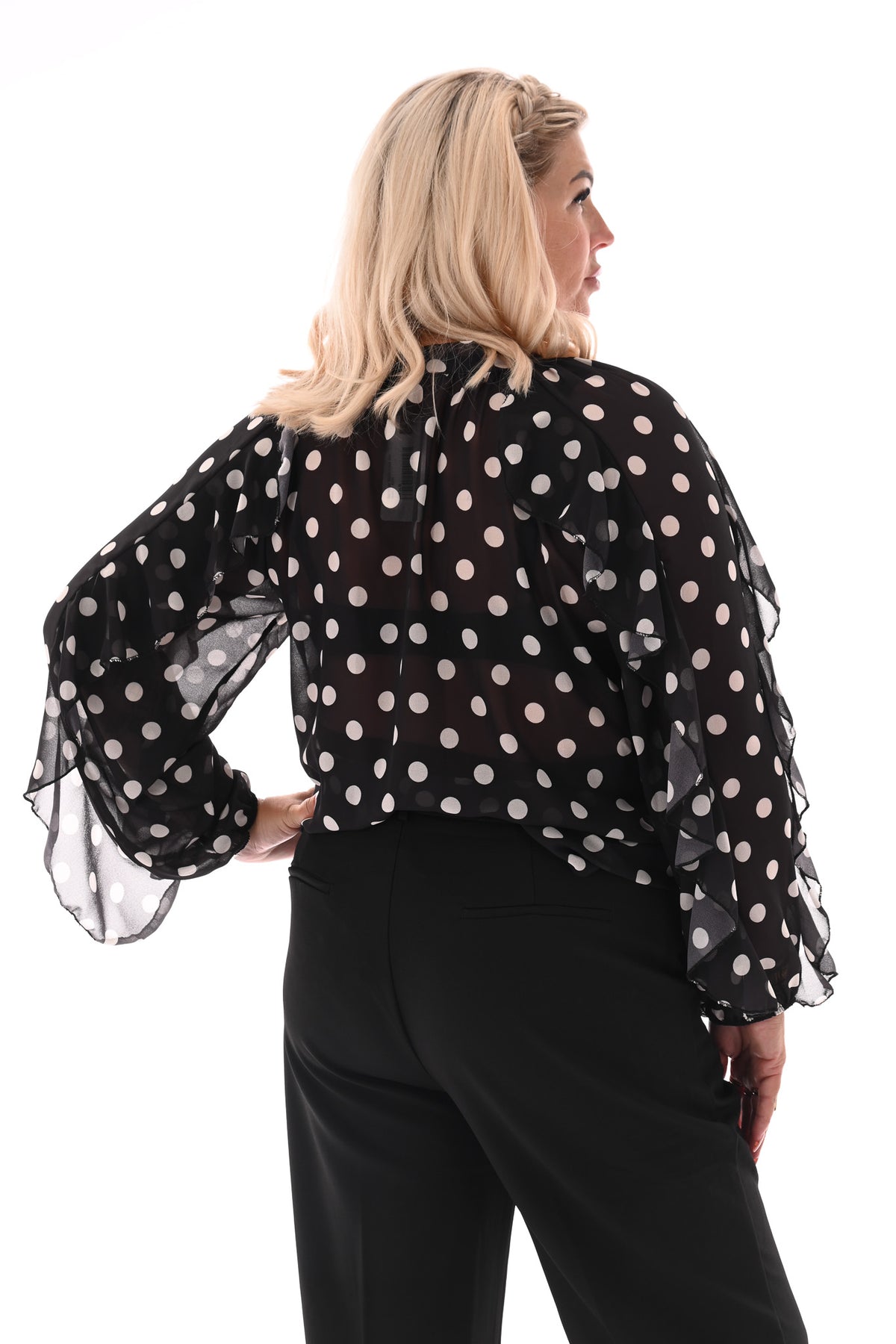 Doorknoop blouse ruffels dots zwart