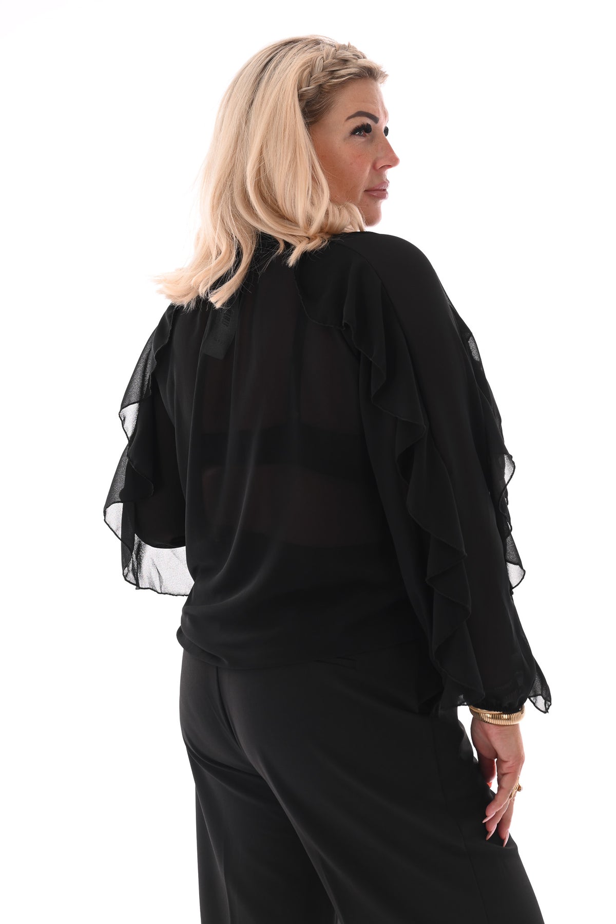 Doorknoop blouse ruffels uni zwart