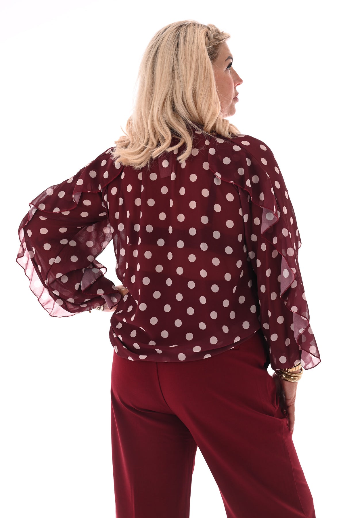 Doorknoop blouse ruffels dots bordeaux