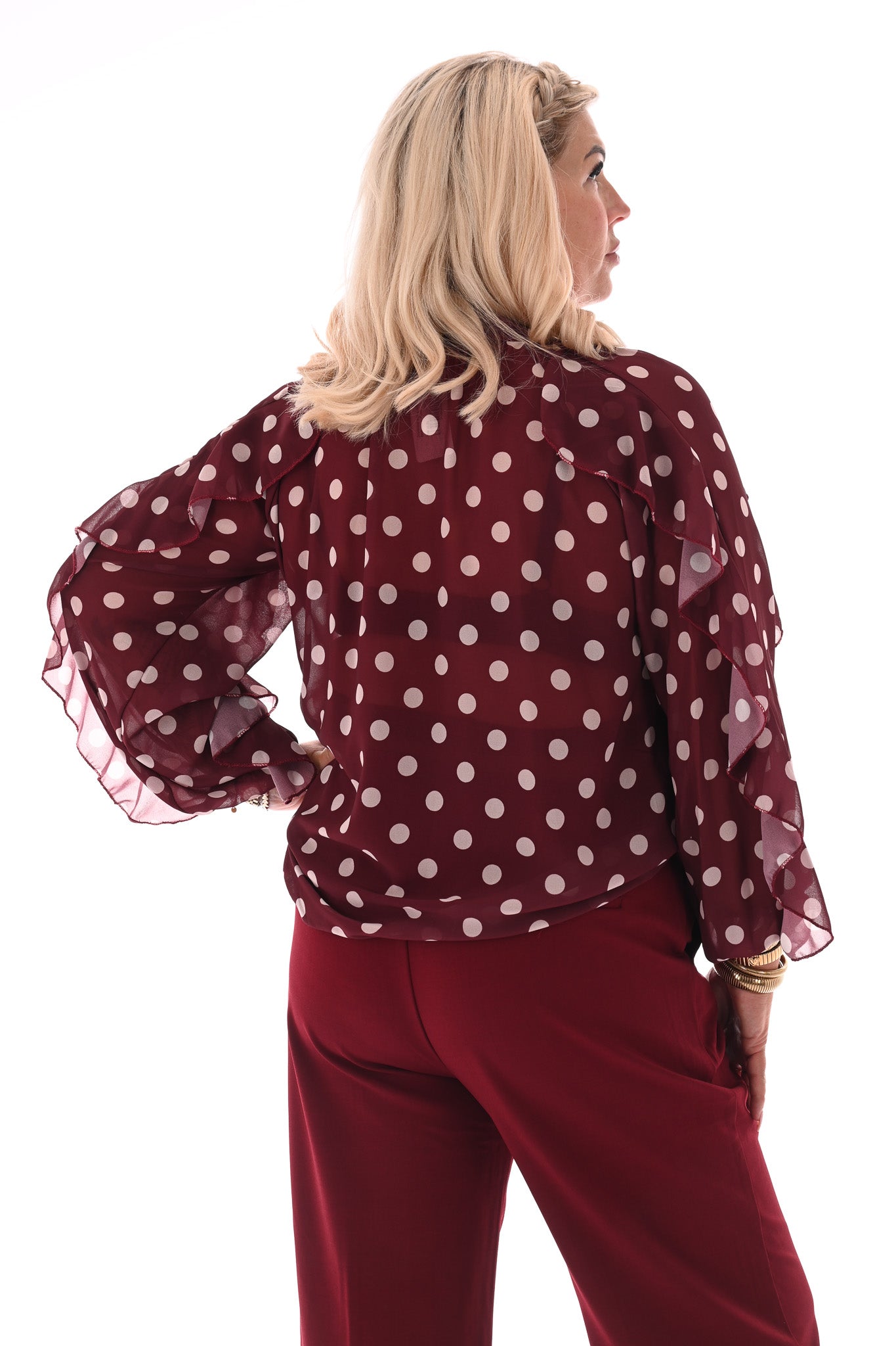 Doorknoop blouse ruffels dots bordeaux
