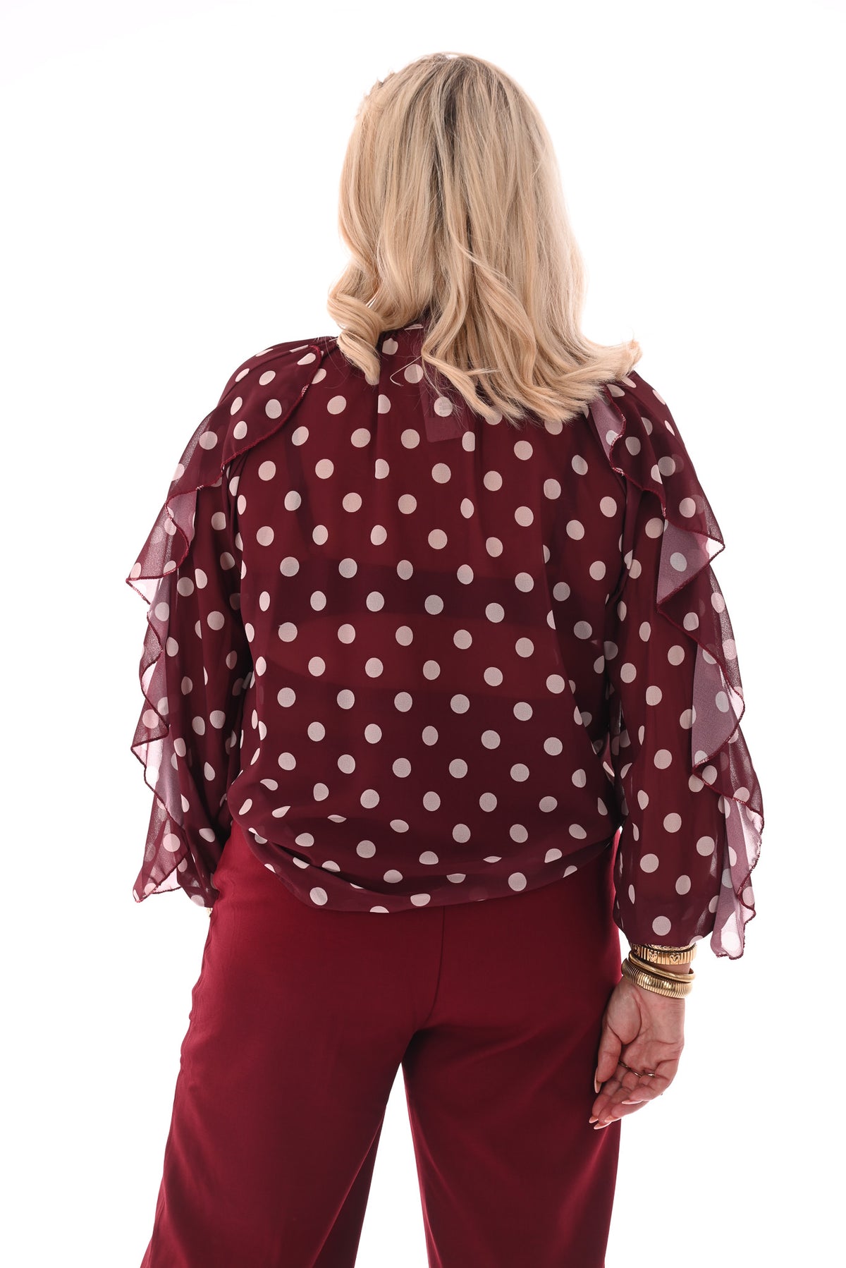 Doorknoop blouse ruffels dots bordeaux