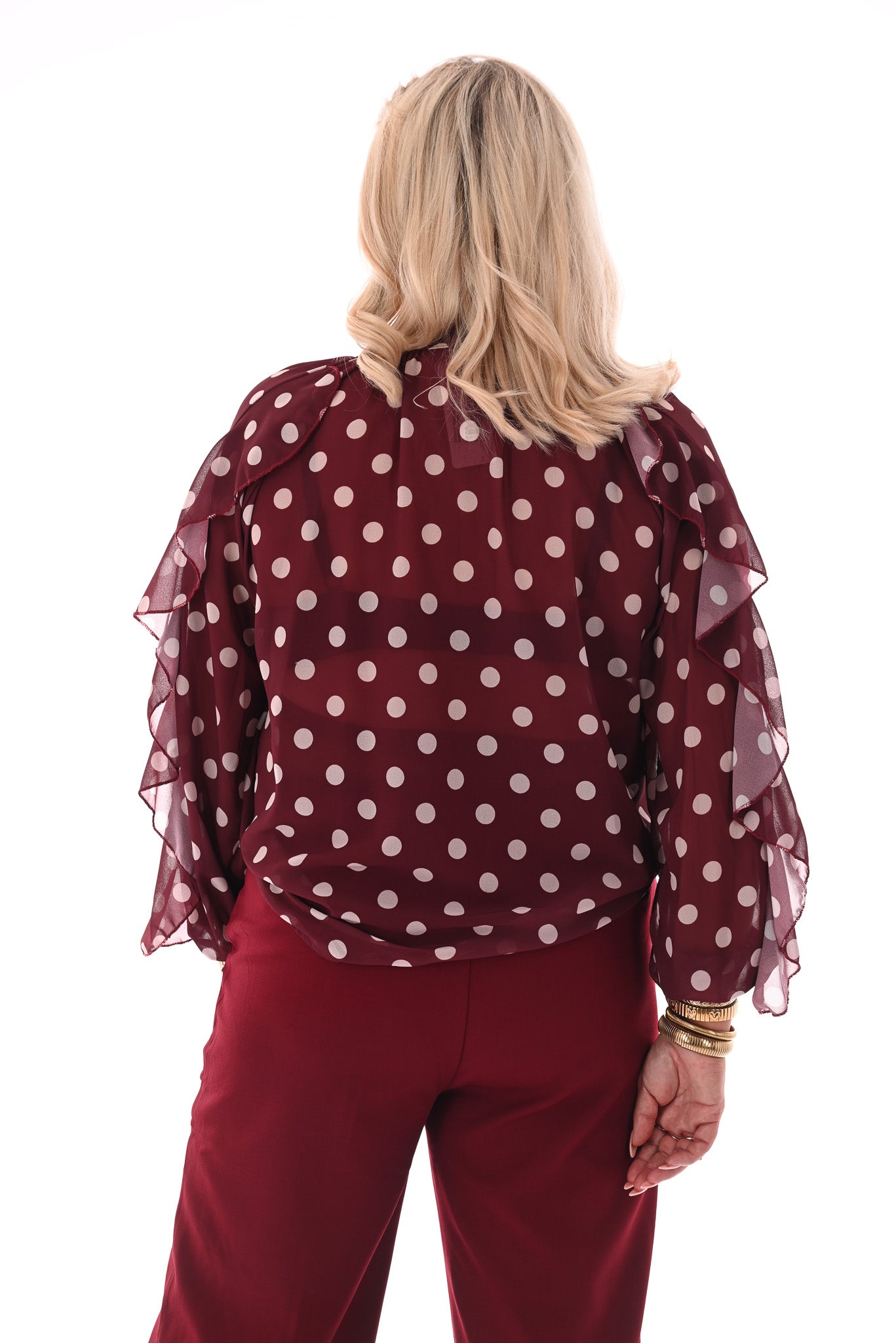 Doorknoop blouse ruffels dots bordeaux
