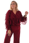 Doorknoop blouse ruffels uni bordeaux