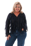 Doorknoop blouse ruffels uni marineblauw