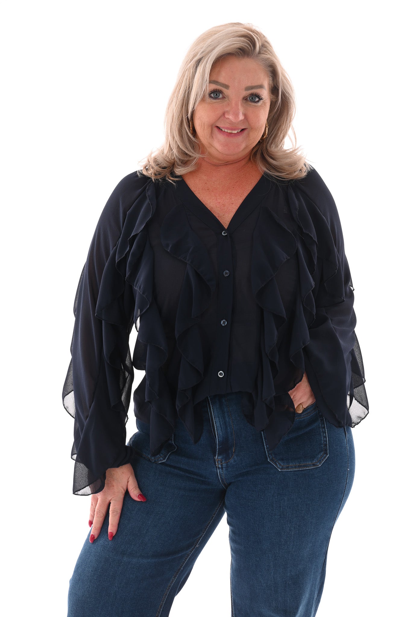 Doorknoop blouse ruffels uni marineblauw