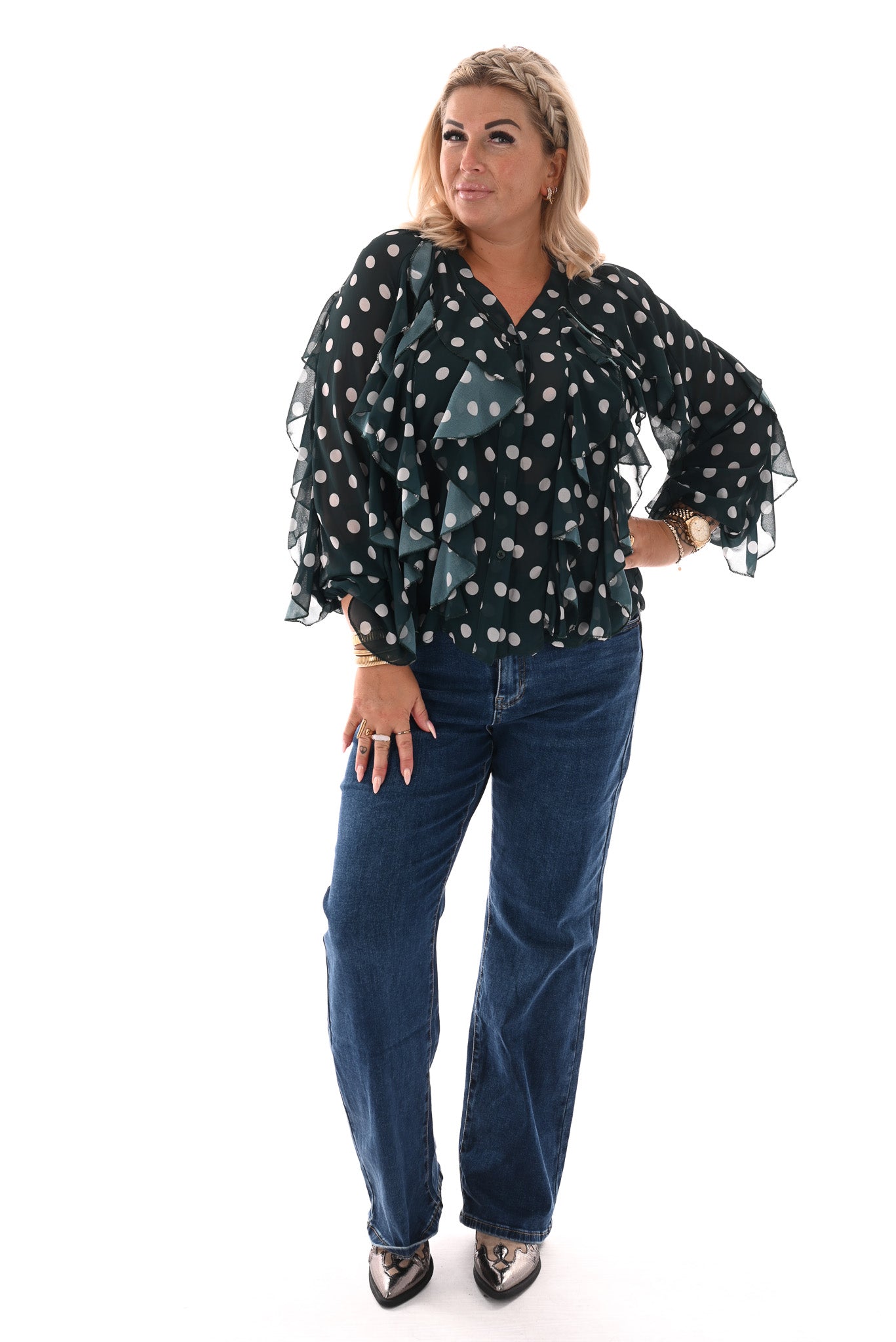 Doorknoop blouse ruffels dots flessengroen