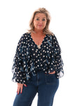 Doorknoop blouse ruffels dots marineblauw