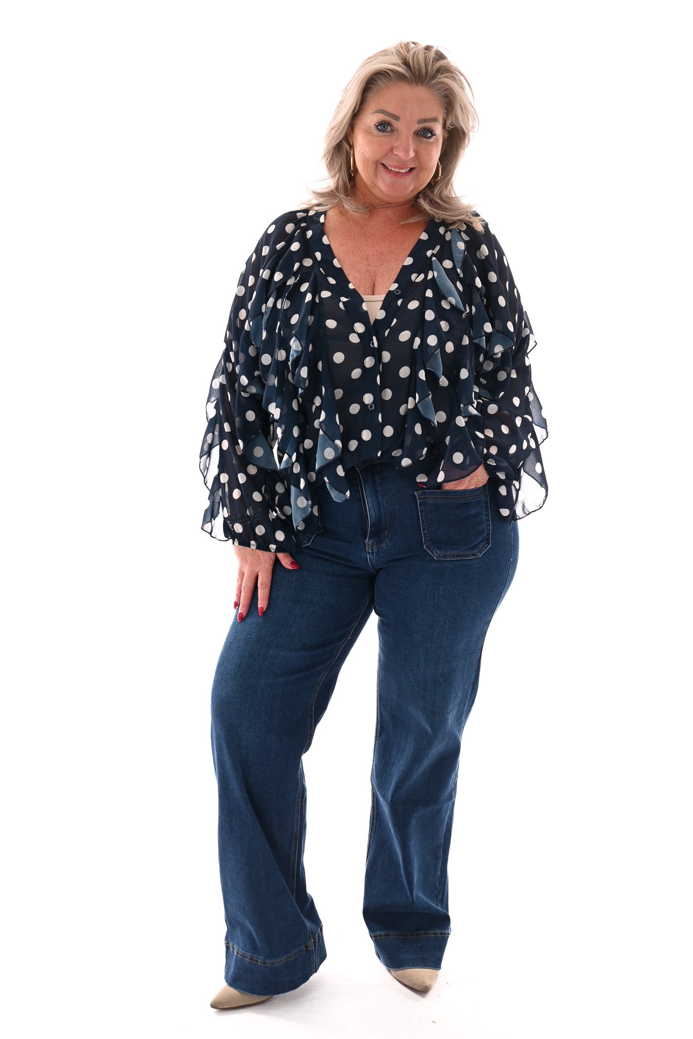 Doorknoop blouse ruffels dots marineblauw