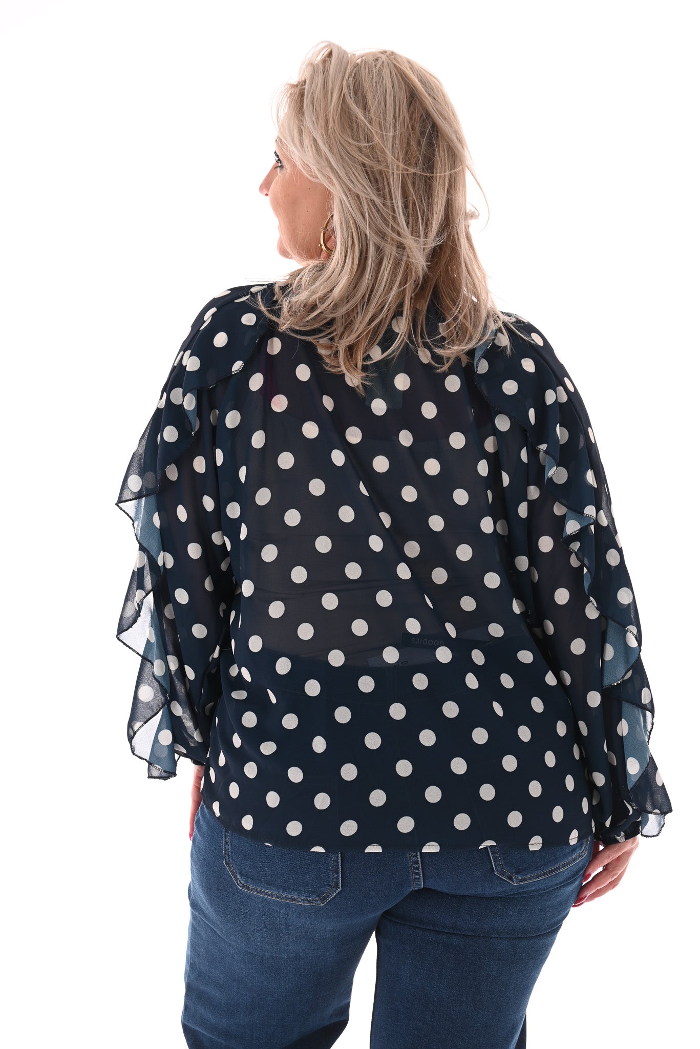 Doorknoop blouse ruffels dots marineblauw