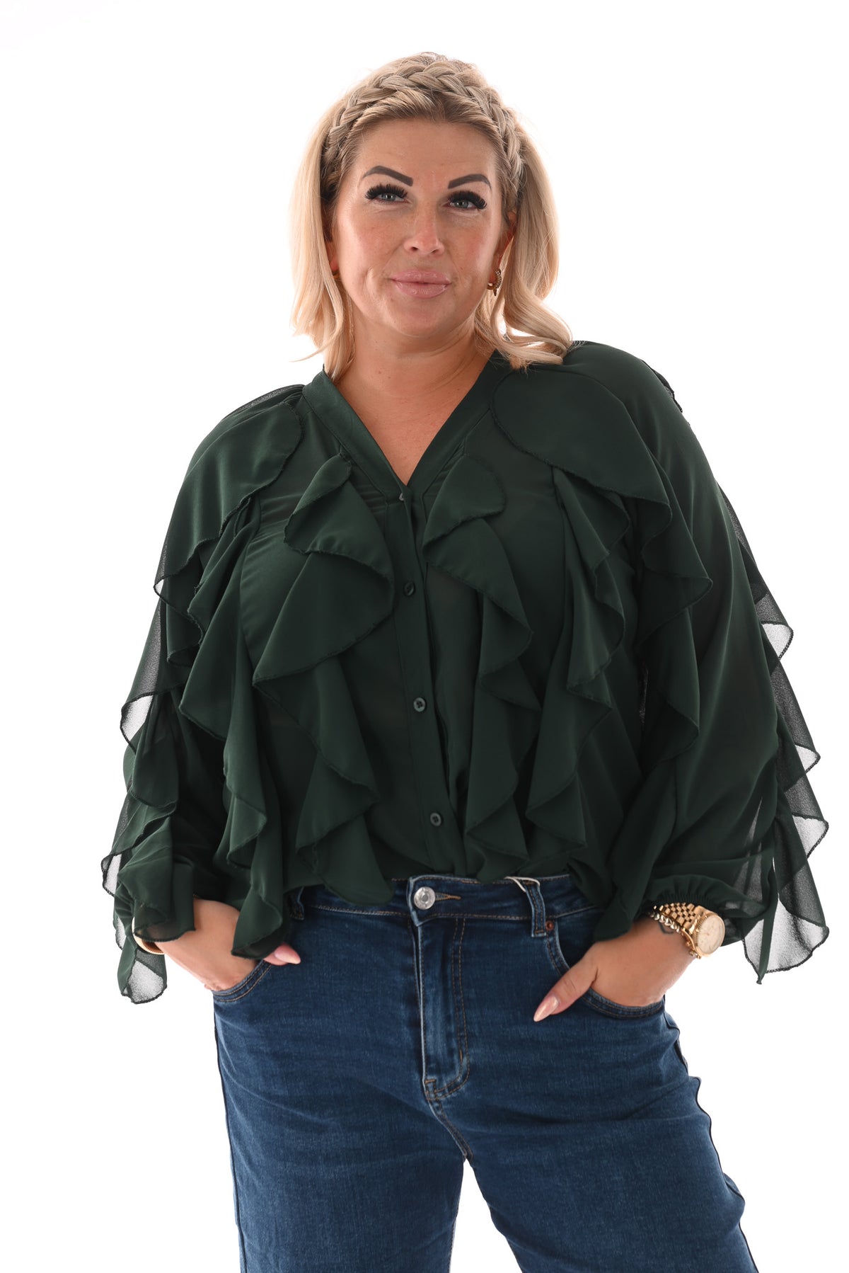 Doorknoop blouse ruffels uni flessengroen