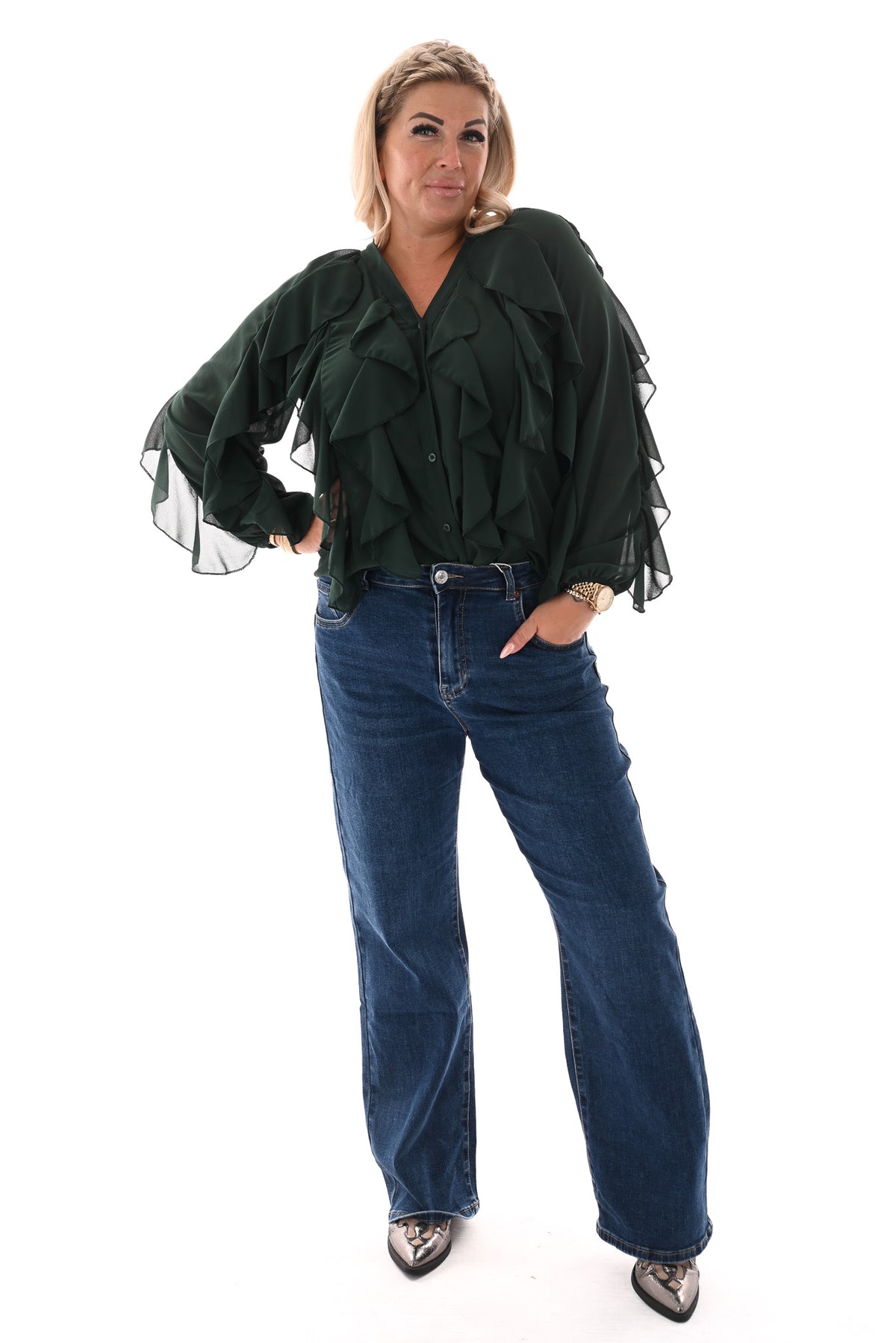 Doorknoop blouse ruffels uni flessengroen