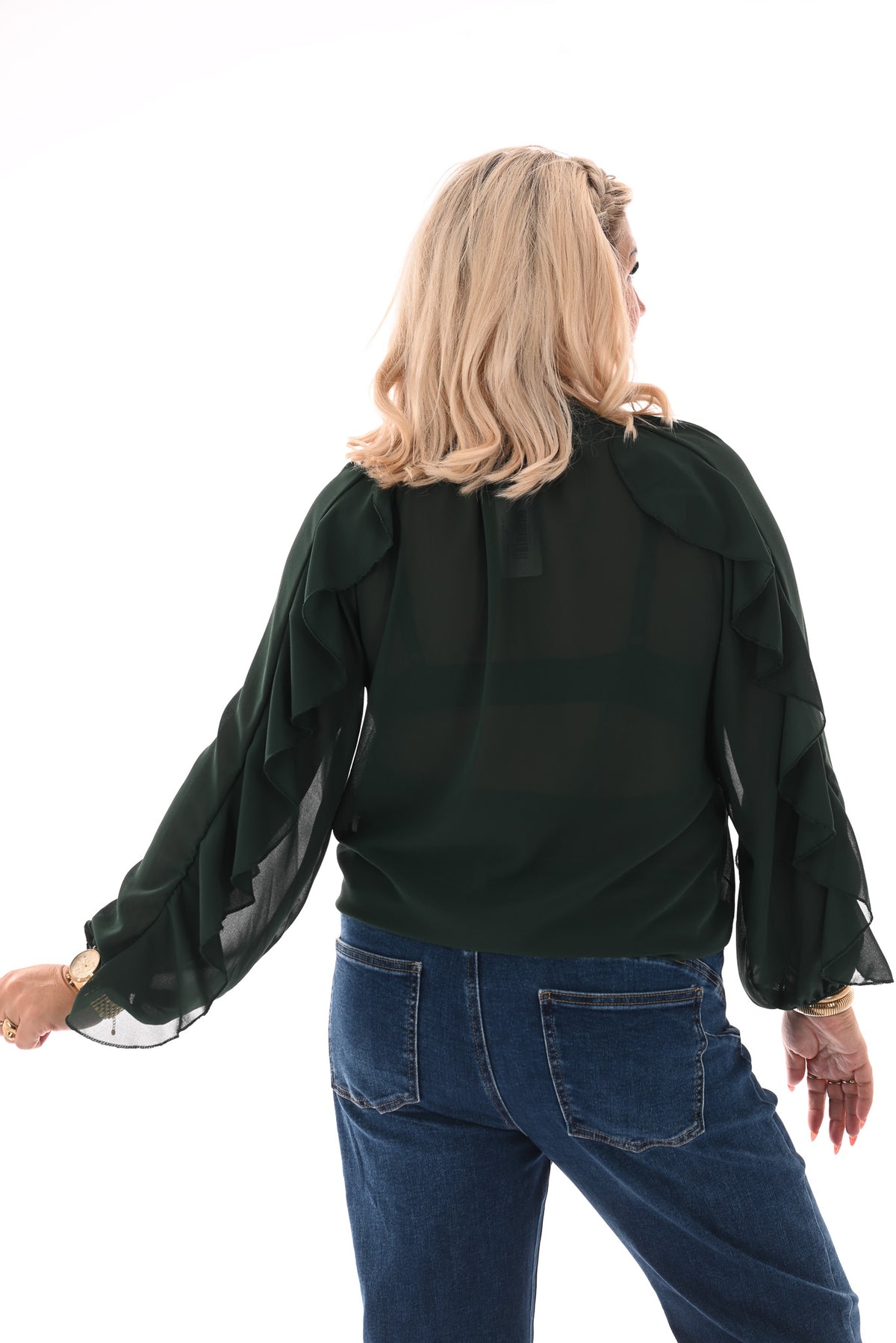 Doorknoop blouse ruffels uni flessengroen