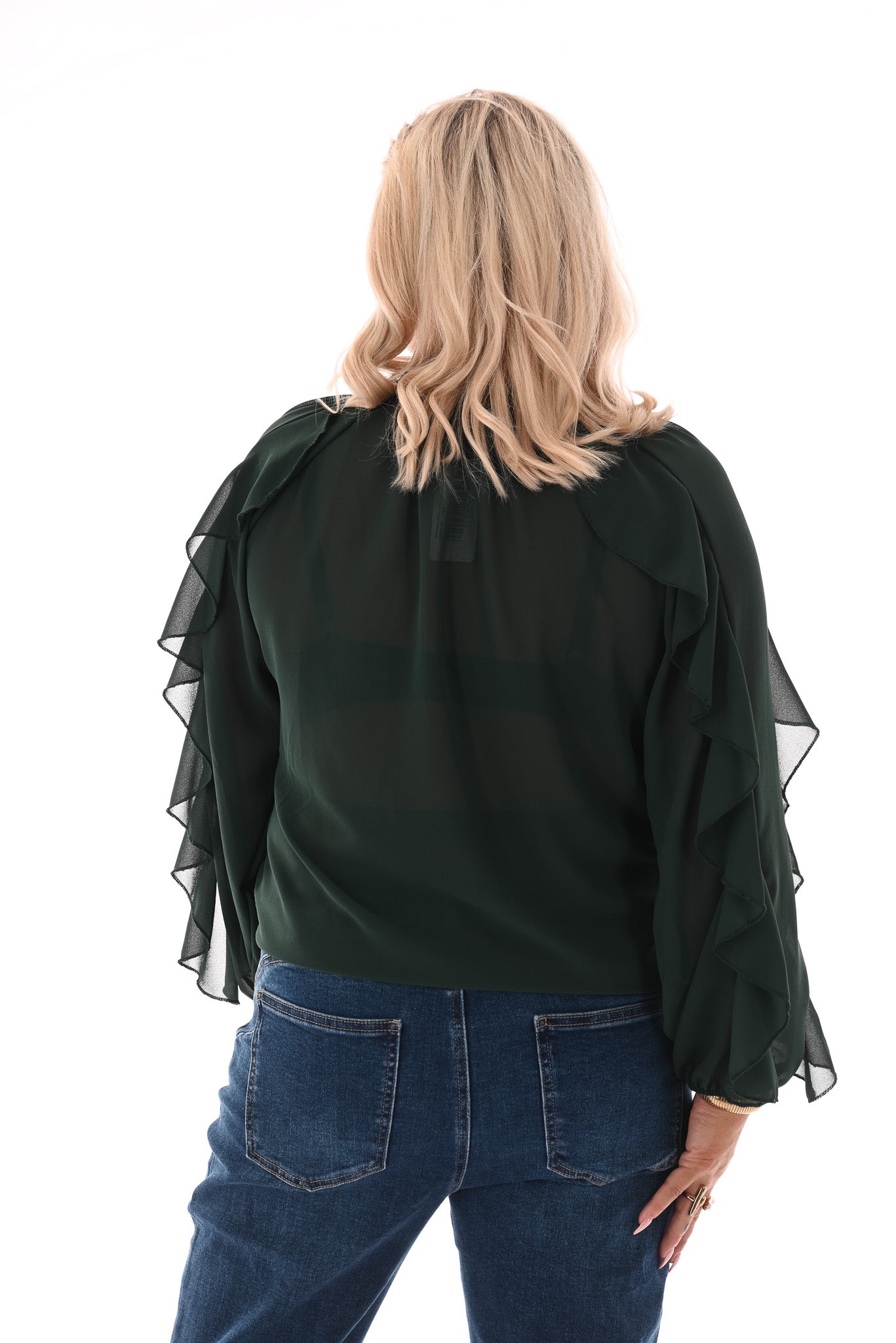 Doorknoop blouse ruffels uni flessengroen