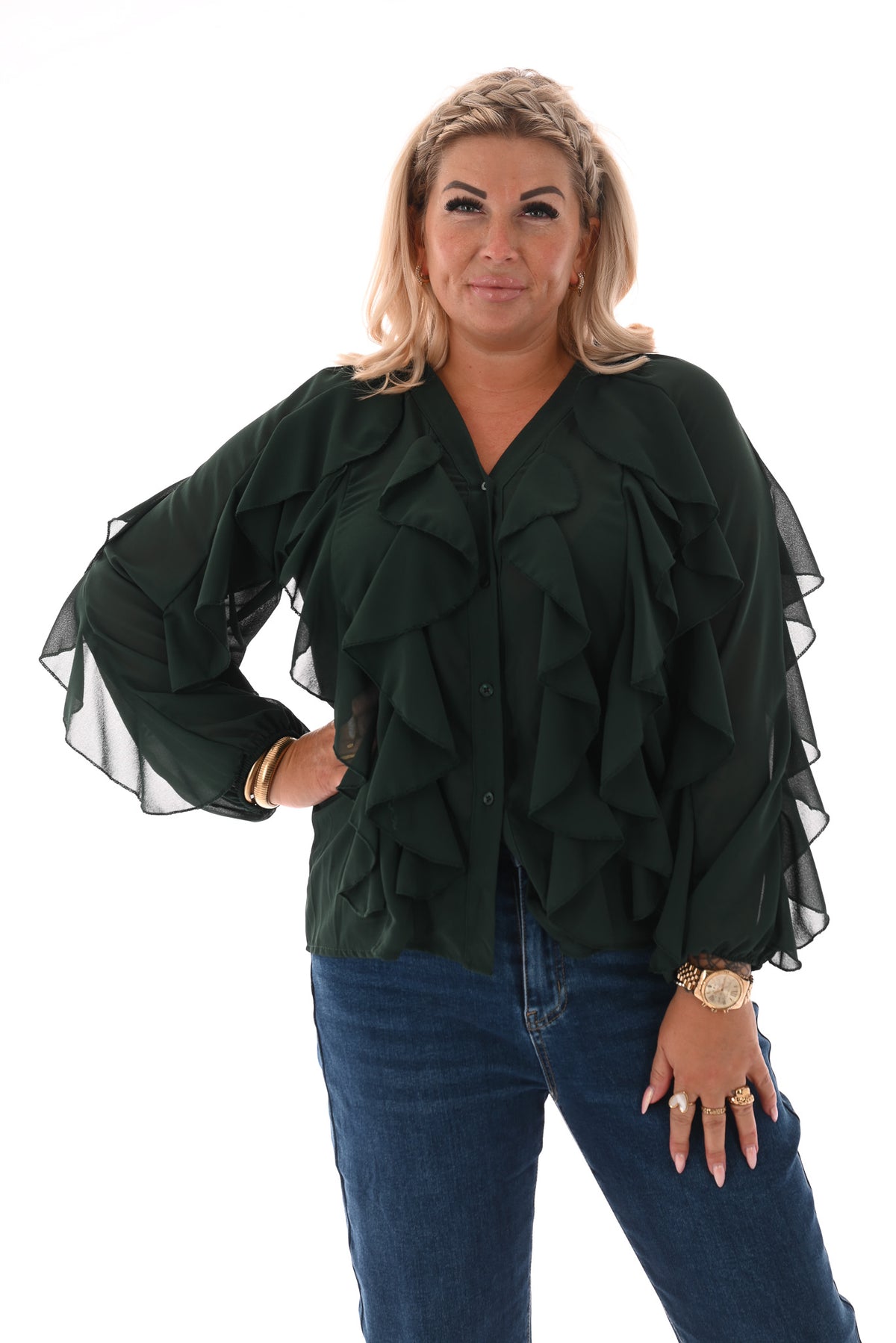 Doorknoop blouse ruffels uni flessengroen