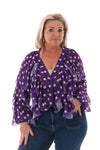 Doorknoop blouse ruffels dots paars