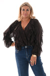 Doorknoop blouse ruffels uni donkerbruin