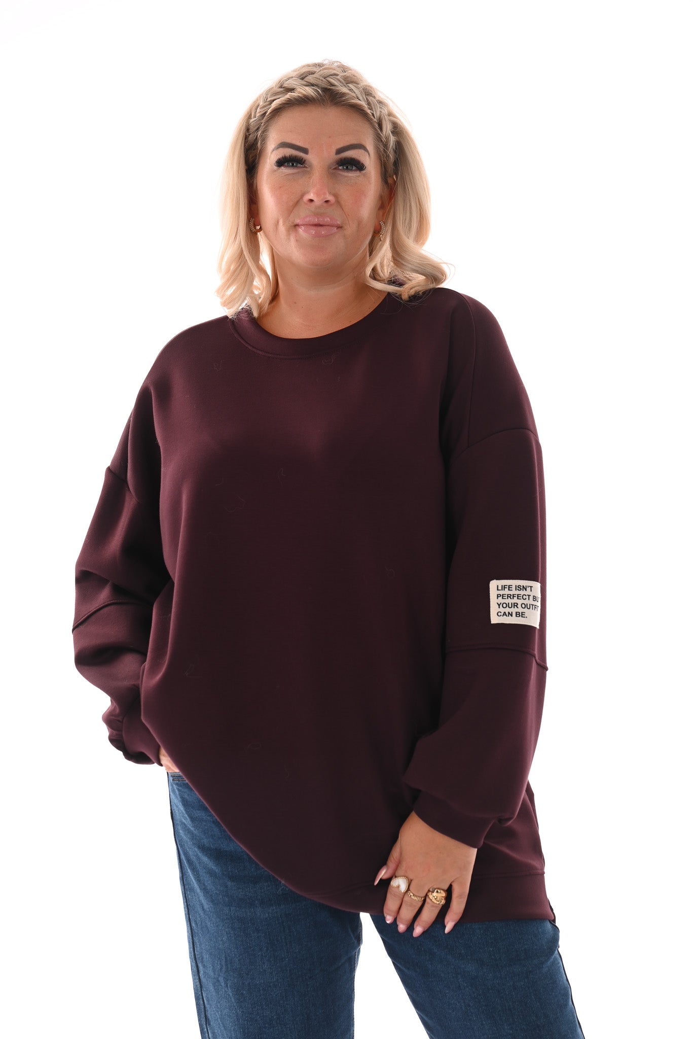 Sweater pofmouwen met applicatie aubergine