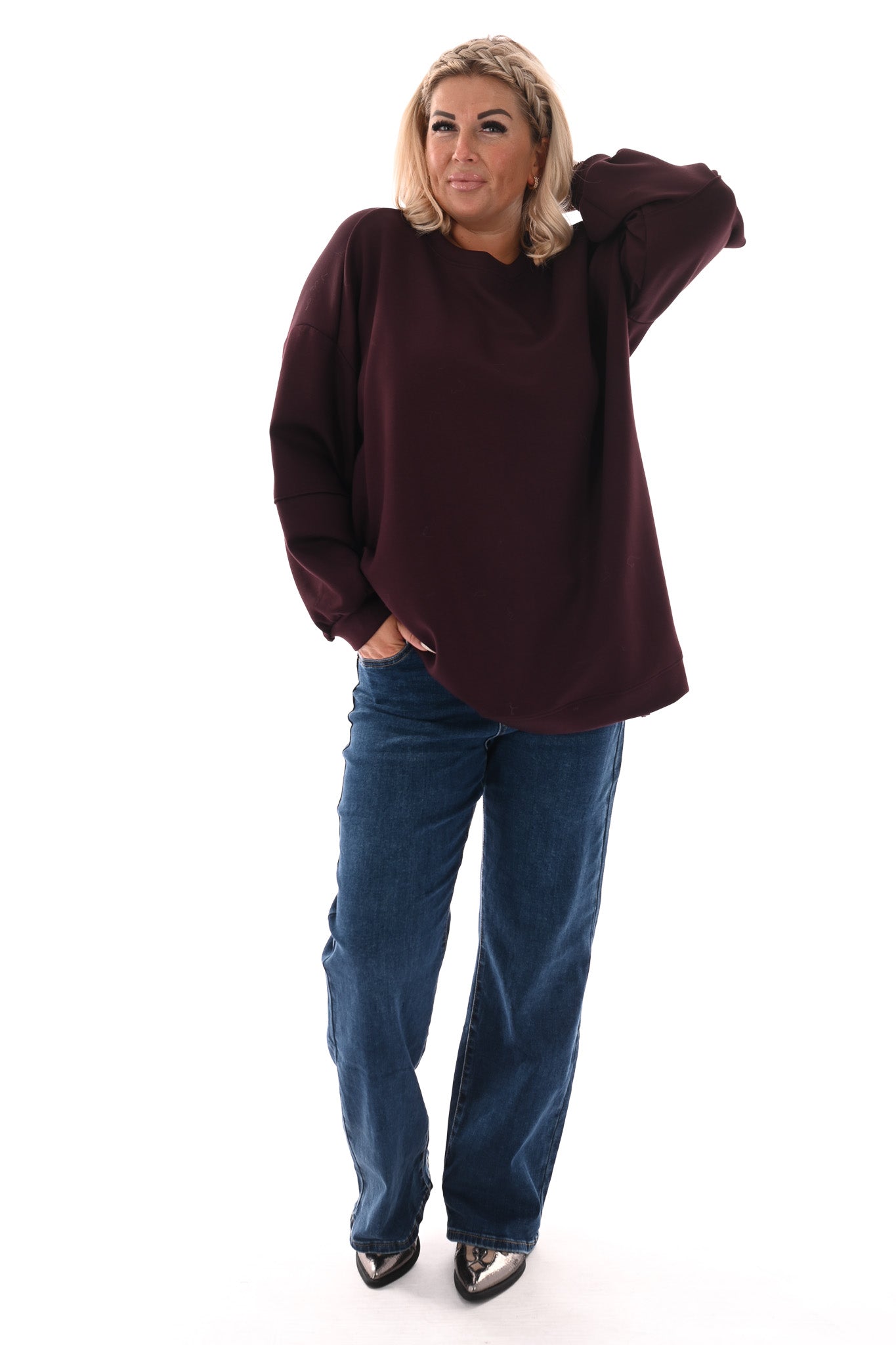 Sweater pofmouwen met applicatie aubergine