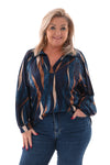 Top v-hals met kraag abstracte blad print marineblauw