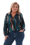 Top v-hals met kraag abstracte blad print petrol
