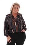 Top v-hals met kraag abstracte blad print grijs