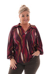 Top v-hals met kraag abstracte blad print bordeaux