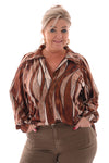 Top v-hals met kraag abstracte blad print bruin