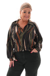 Top v-hals met kraag abstracte blad print legergroen