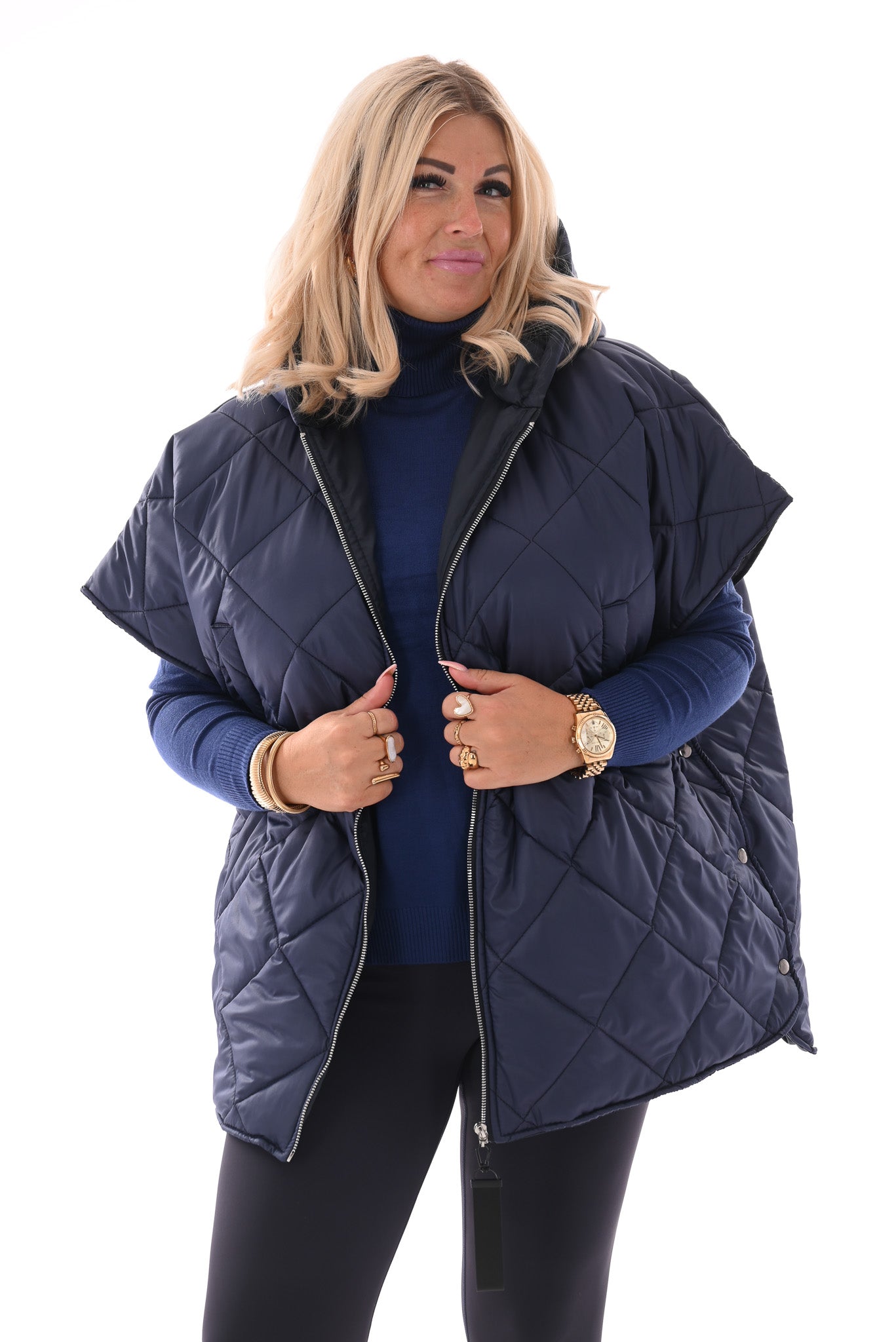 Gewatteerde ponchojas met capuchon marineblauw