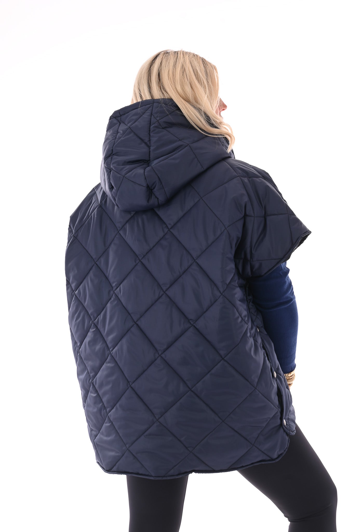 Gewatteerde ponchojas met capuchon marineblauw