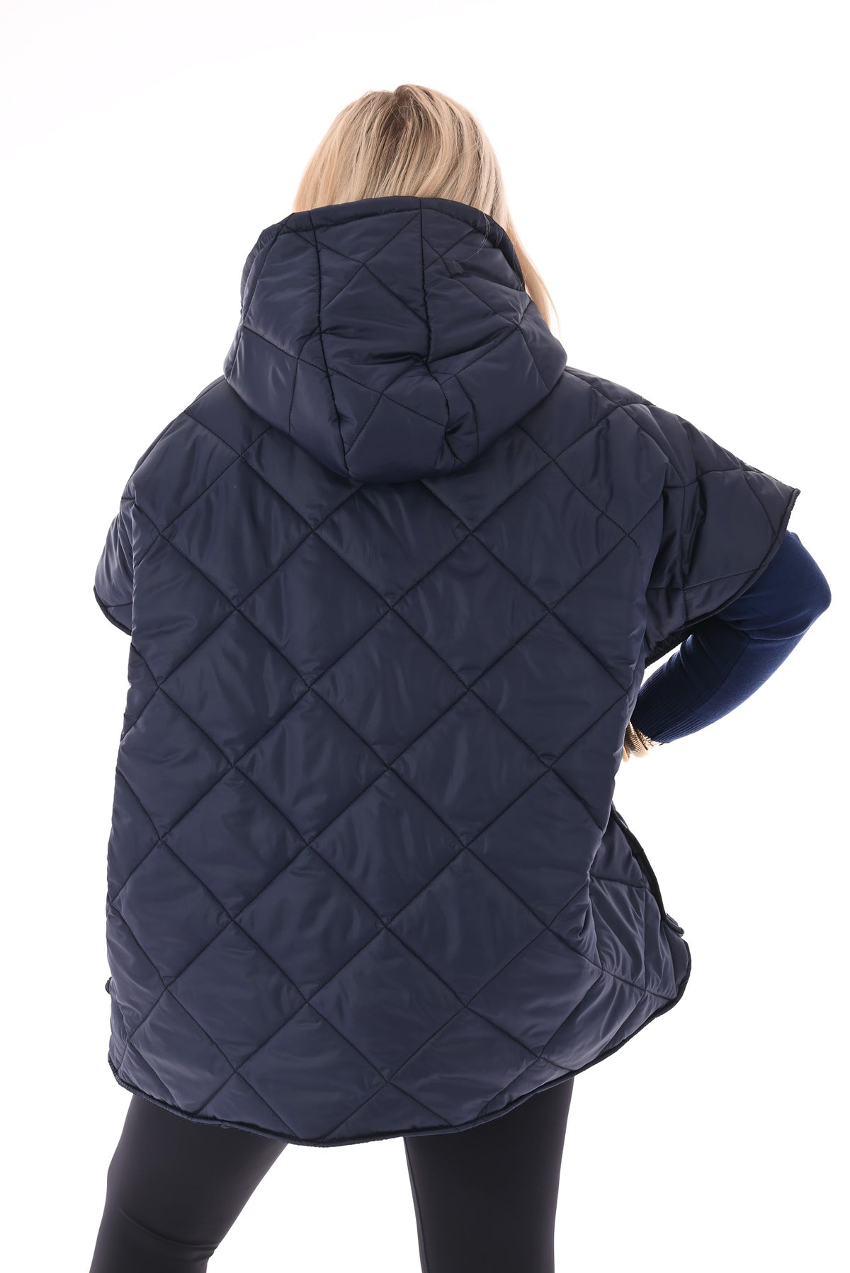 Gewatteerde ponchojas met capuchon marineblauw