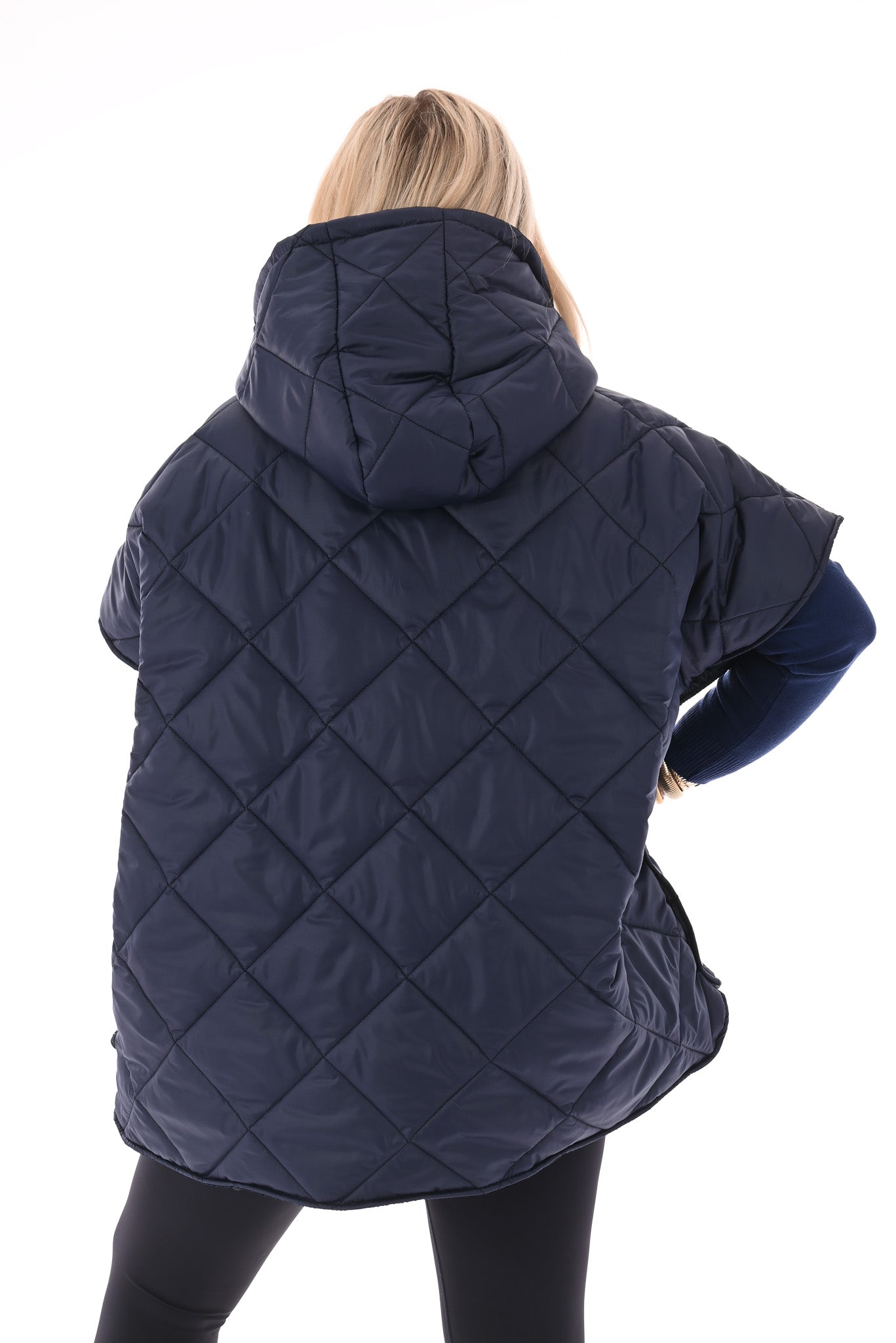 Gewatteerde ponchojas met capuchon marineblauw