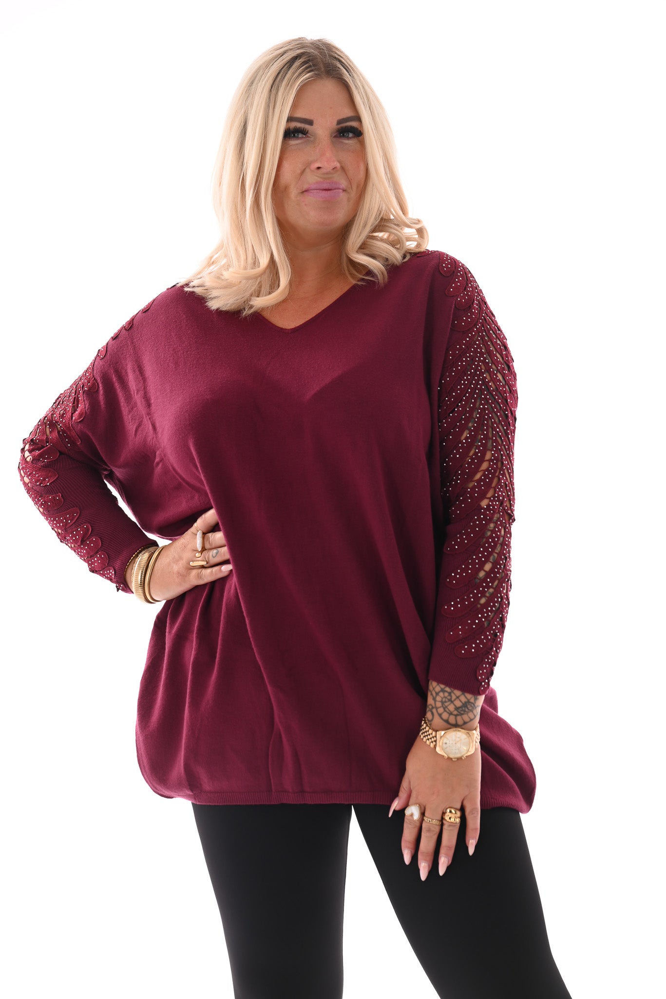 Trui met mouwdetail en strass bordeaux