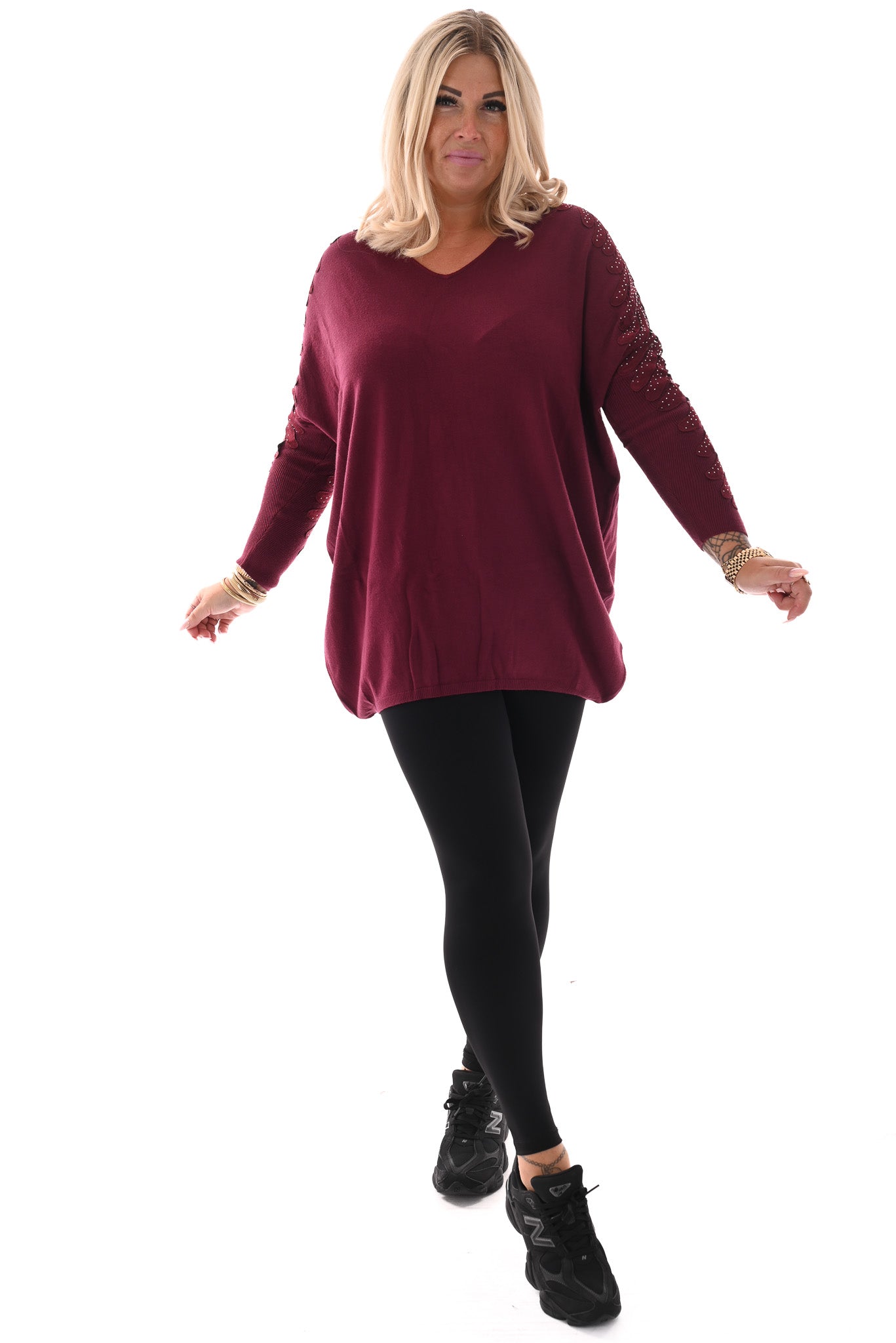 Trui met mouwdetail en strass bordeaux