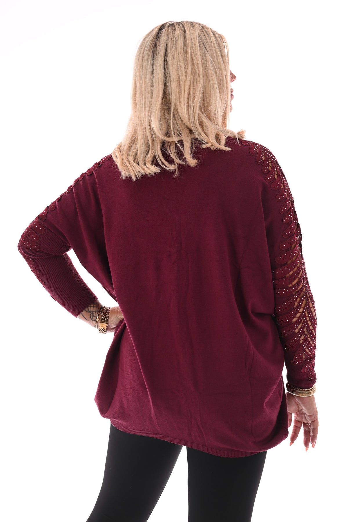 Trui met mouwdetail en strass bordeaux