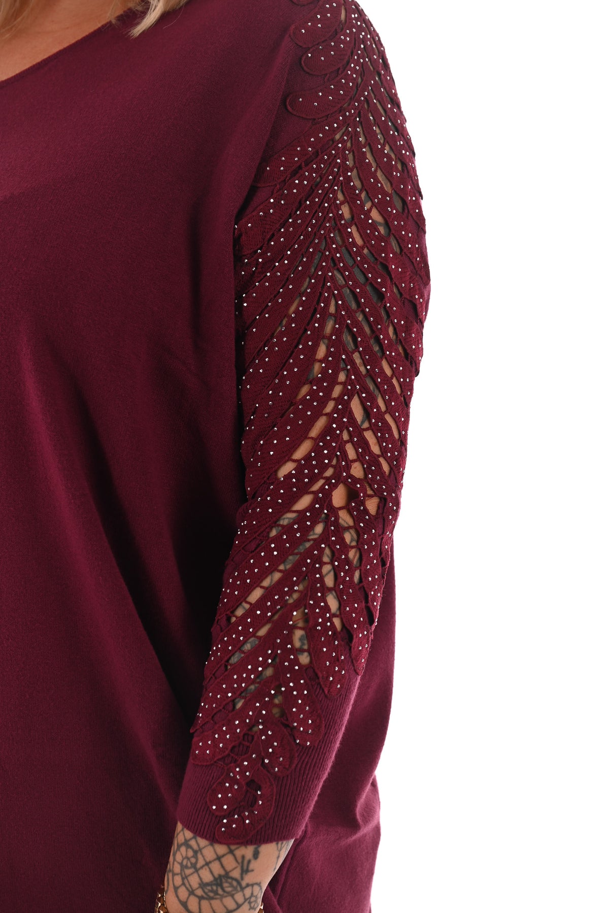 Trui met mouwdetail en strass bordeaux