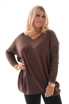 Trui met mouwdetail en strass bruin