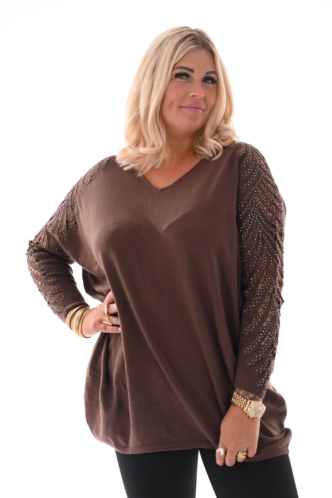 Trui met mouwdetail en strass bruin