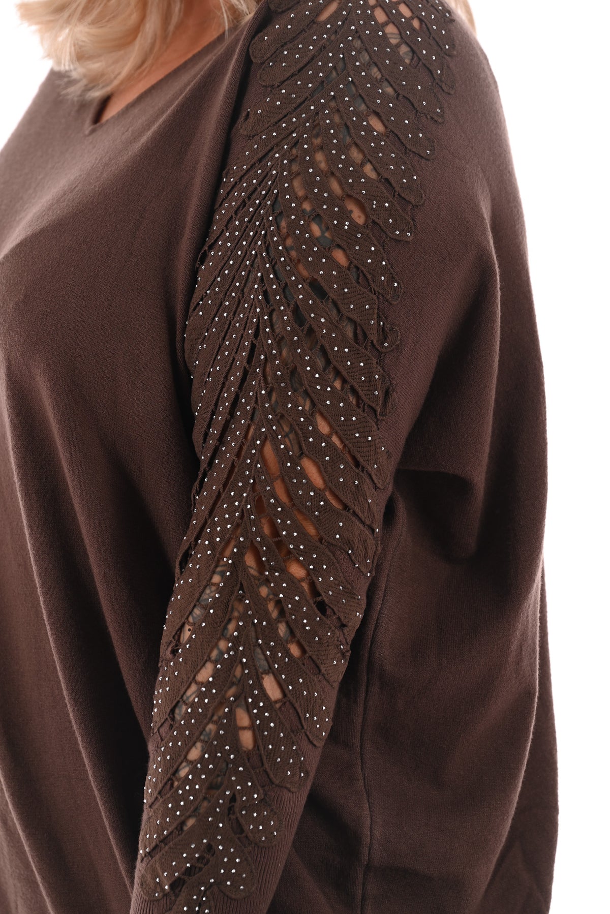 Trui met mouwdetail en strass bruin