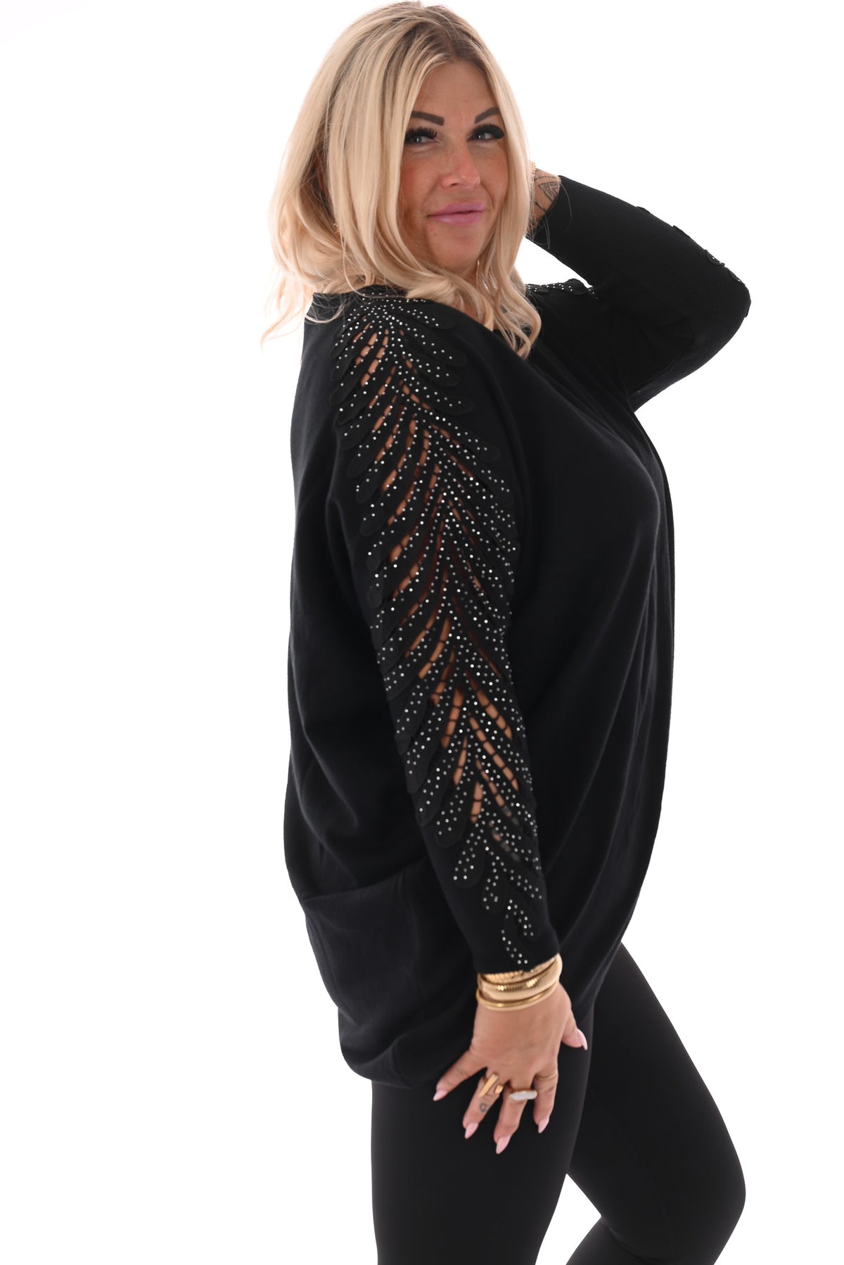 Trui met mouwdetail en strass zwart