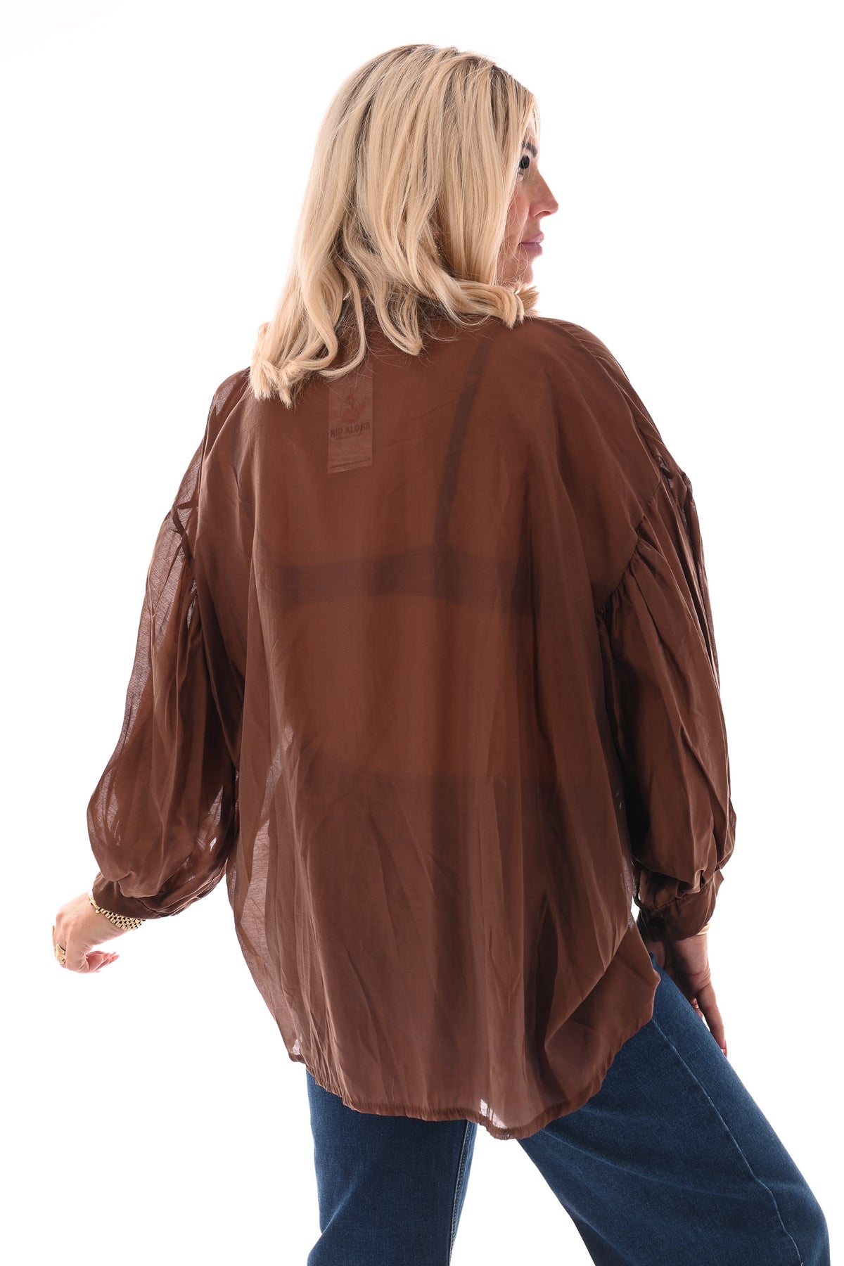 Doorknoop blouse pofmouwen bruin